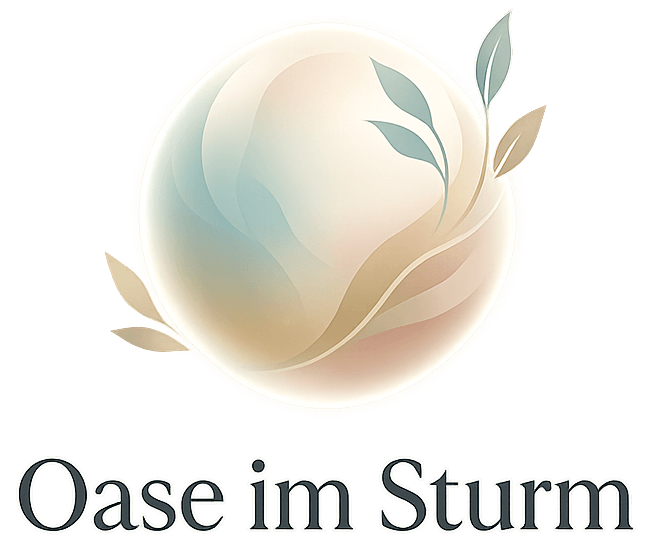 Ein sanftes, pastellfarbenes Oval mit abstrakten Blättern schwebt über der Schrift Oase im Sturm auf hellem Hintergrund