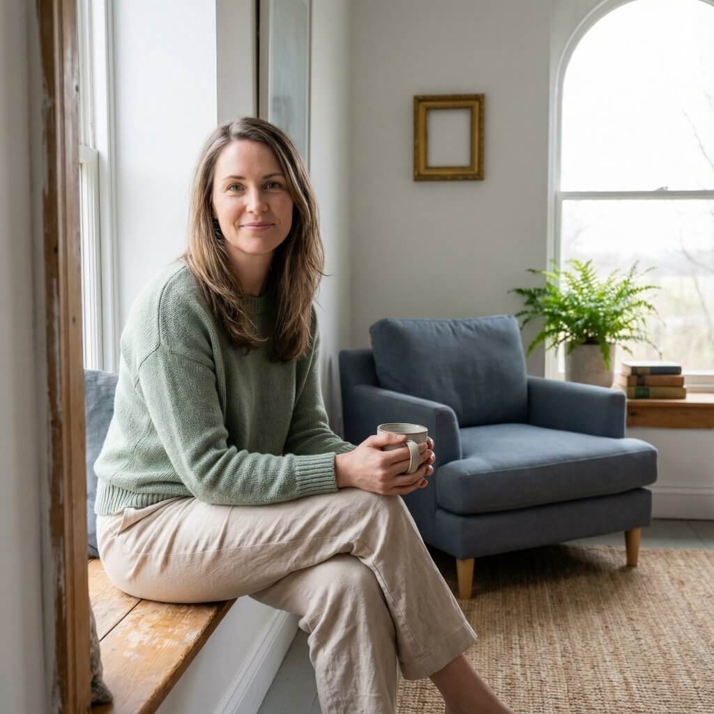 Eine Frau sitzt lächelnd mit einer Tasse auf der Fensterbank, im Hintergrund ein grauer Sessel, eine Pflanze und ein großes Fenster